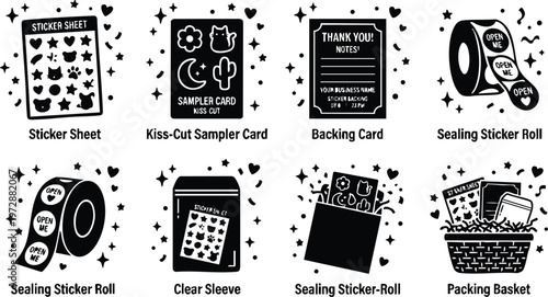Black and white sealing sticker roll packing basket and sampler card vector art
