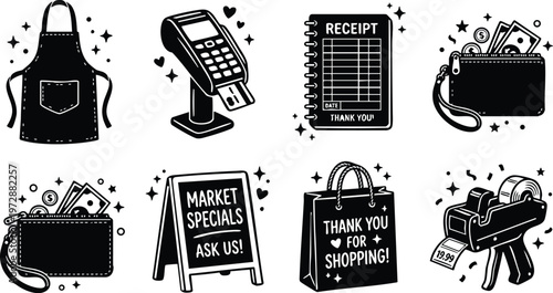 Black and white retail icons including apron card reader receipt wallet shopping bag and price gun