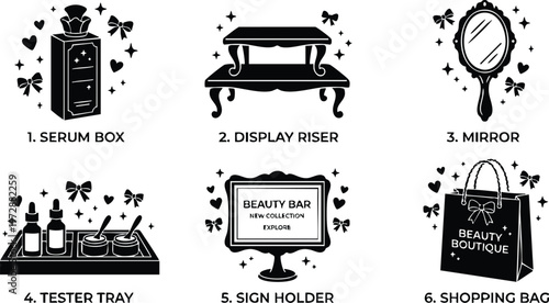 Black and white beauty boutique vector icons with serum box mirror and shopping bag