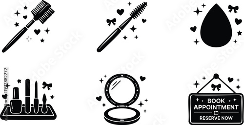 Black and white makeup brushes and cosmetics set with book appointment sign