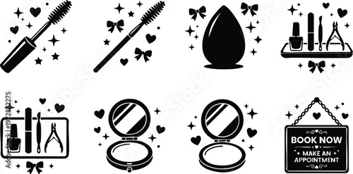 Black and white beauty tools mascara brush compact powder and appointment sign vector art