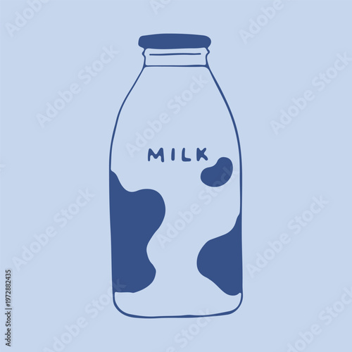 Hand drawn vector of a traditional glass milk bottle with a metal screw cap and large spotted patterns. Simple line art illustration with handwritten text for classic dairy product branding