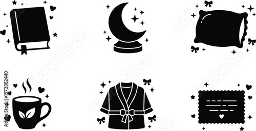 Black and white cozy night icons book moon pillow hot tea bathrobe letter