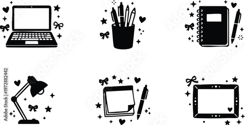 Black and white office supply icons with stars hearts and bows vector art