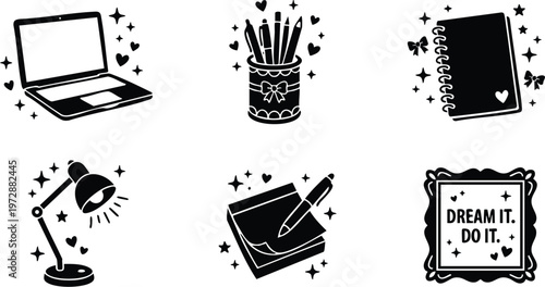 Laptop pencil holder notebook desk lamp paper pad and dream it do it quote