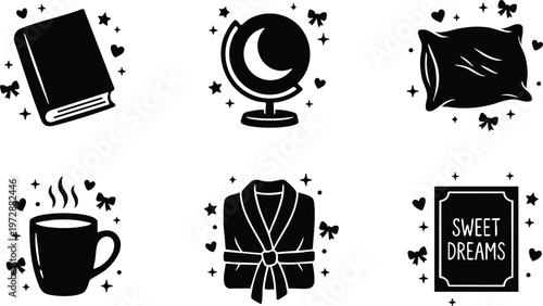 Black and white cozy night symbols book globe pillow coffee bathrobe sweet dreams phrase vector art