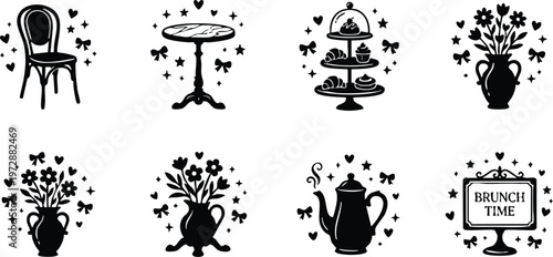 Black and white brunch time text with teapot flowers chair table and desserts vector art
