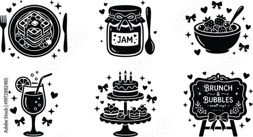 Black and white brunch and bubbles vector art with pancakes cake jam and fruit bowl