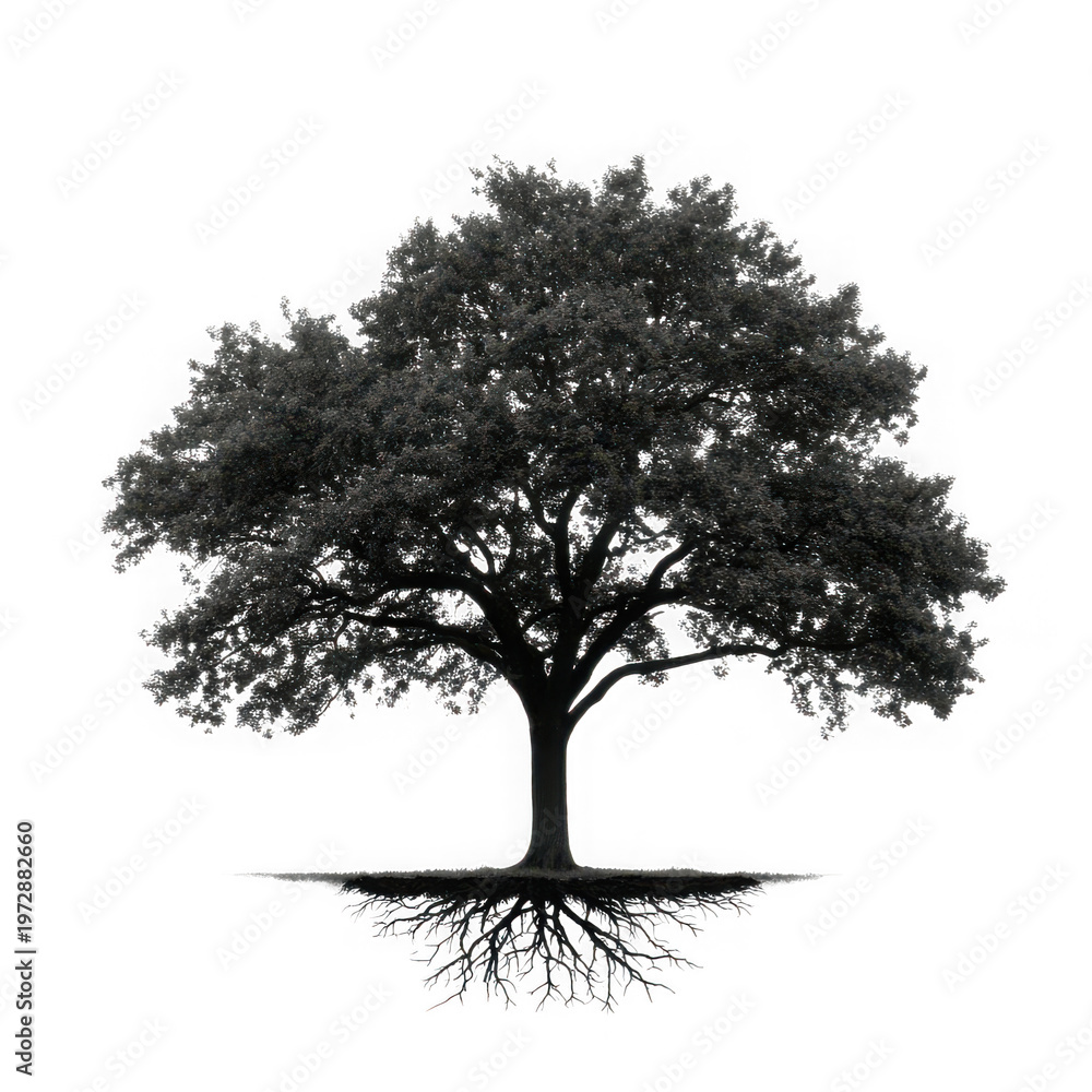 Fototapeta premium A detailed silhouette of a large majestic oak tree displaying its complex root system and canopy