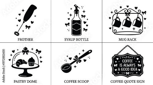 Black and white coffee quote sign frother syrup bottle mug rack and pastry dome vector art