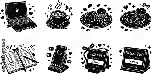 Laptop coffee cup croissant muffin reserved place cards and smartphone