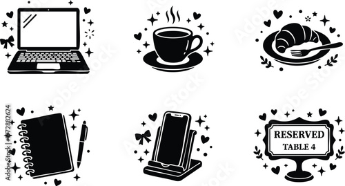 Black and white reserved table text with laptop cup croissant notebook and phone icons