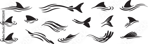 Abstract Water Splash and Marine Tail Silhouette Elements Set.