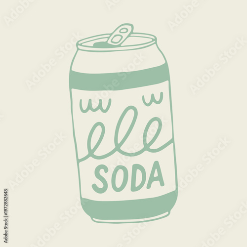 Hand drawn vector of a soda aluminum can with an open pull tab and a cursive logo design. Minimalist line art illustration of a cold carbonated beverage for shop and refreshment themes