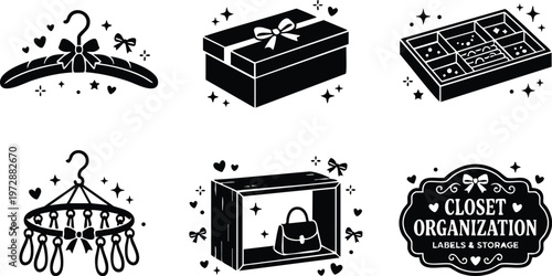Black and white closet organization icons including hanger box and storage label