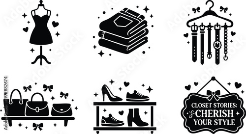 Black and white closet stories cherish your style text with fashion accessories icons