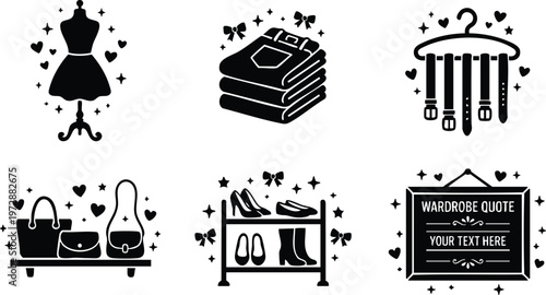 Black and white wardrobe icons with hearts stars and bows