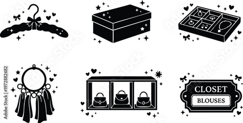 Black and white closet blouses sign with hangers jewelry box and handbag display vector art
