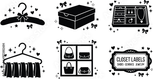 Black and white closet labels box hanger and handbag icons with stars and bows