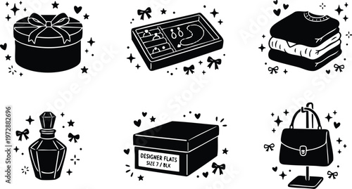 Black and white gift box jewelry sweater perfume shoe box and handbag vector art