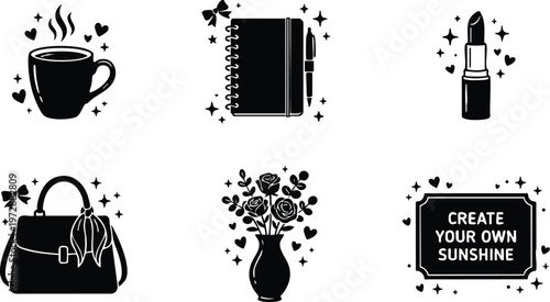 Black and white flat design coffee cup notebook lipstick handbag floral vase and inspirational quote vector set