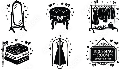 Black and white dressing room icons with mirror ottoman clothes rack and folded clothes
