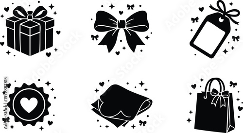 Black and white gift box bow tag heart icon set