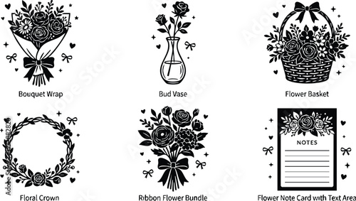 Black and white floral bouquet wrap bud vase basket crown and note card vector art