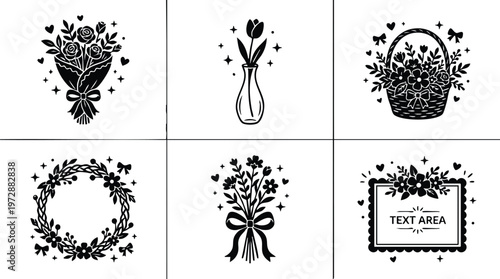 Black and white floral bouquets wreath basket and vase line art vector set