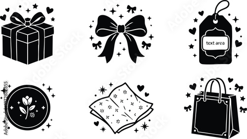 Black and white gift box bow tag flower napkin and shopping bag vector art icons