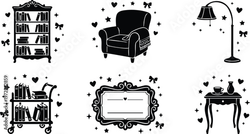 Black and white decorative bookcase armchair floor lamp tea table and frame vector art