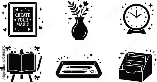 Black and white magic quote frame flower vase clock calendar and pen tray icons