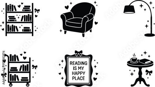 Black and white reading is my happy place quote with bookshelf armchair lamp table and coffee vector art