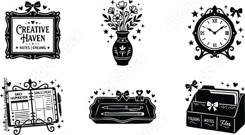 Black and white creative notebook clock flower vase and desk organizer vector art
