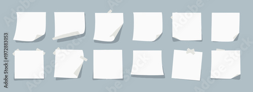 Set of Blank White Sticky Notes and Paper Sheets