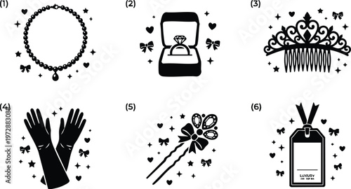 Pearl necklace diamond ring and tiara with gloves scepter and luxury tag