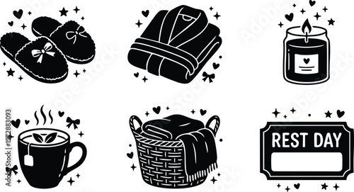 Black and white cozy slippers robe candle cup basket and rest day sign vector art