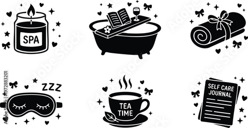 Black and white spa candle bath towel tea cup and self care journal vector art