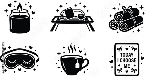 Black and white line art self care elements with candle tea towel and eye mask