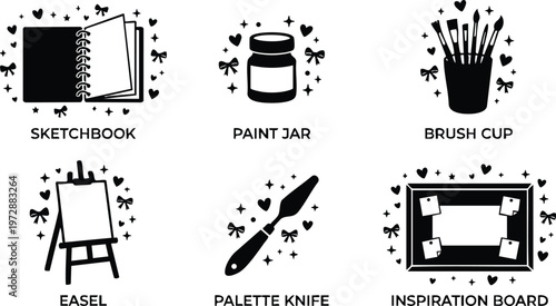 Sketchbook paint jar brush cup easel palette knife and inspiration board icons