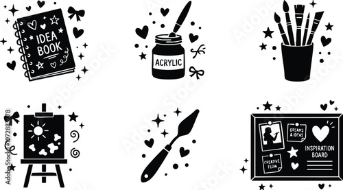Black and white inspiration board idea book acrylic jar and paintbrushes vector art