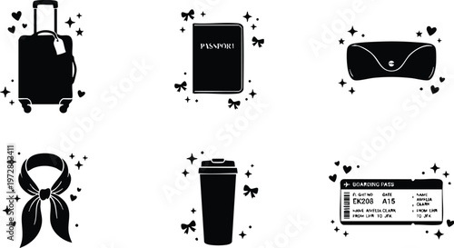 Black and white travel essentials icons including suitcase passport and boarding pass