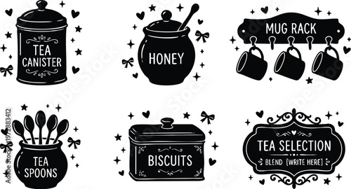 Black and white vintage kitchen jar labels with tea canister honey mugs and biscuits