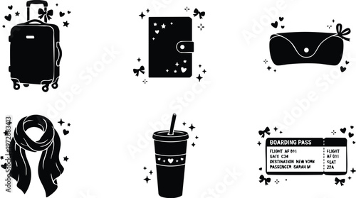 Black silhouette travel icons set with suitcase scarf boarding pass and cup