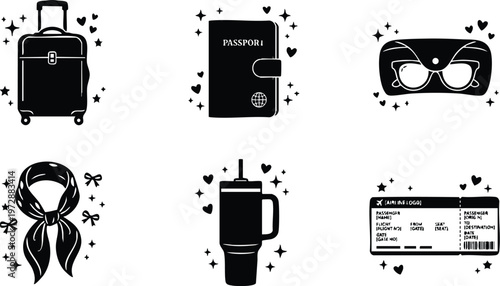 Black and white vector art travel icons with suitcase passport sunglasses scarf tumbler and boarding pass