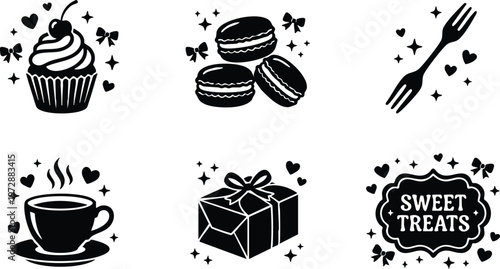 Black and white cupcake macarons fork coffee cup and sweet treats gift box vector art