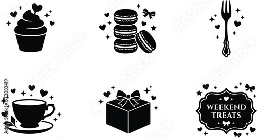 Black and white weekend treats phrase with cupcake macarons fork tea cup and gift box icons