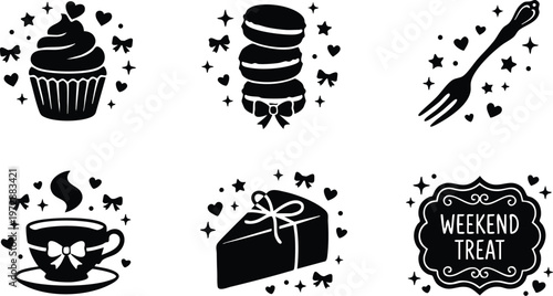 Black and white sweet treats cupcake macarons cake weekend treat lettering with bows and stars