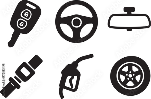 Set of Automotive Icons Including Car Key, Steering Wheel, Rearview Mirror, Seatbelt, Gas Pump, Wheel