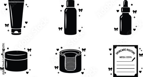 Black and white skincare routine icons with cream bottle dropper cream jar and notes